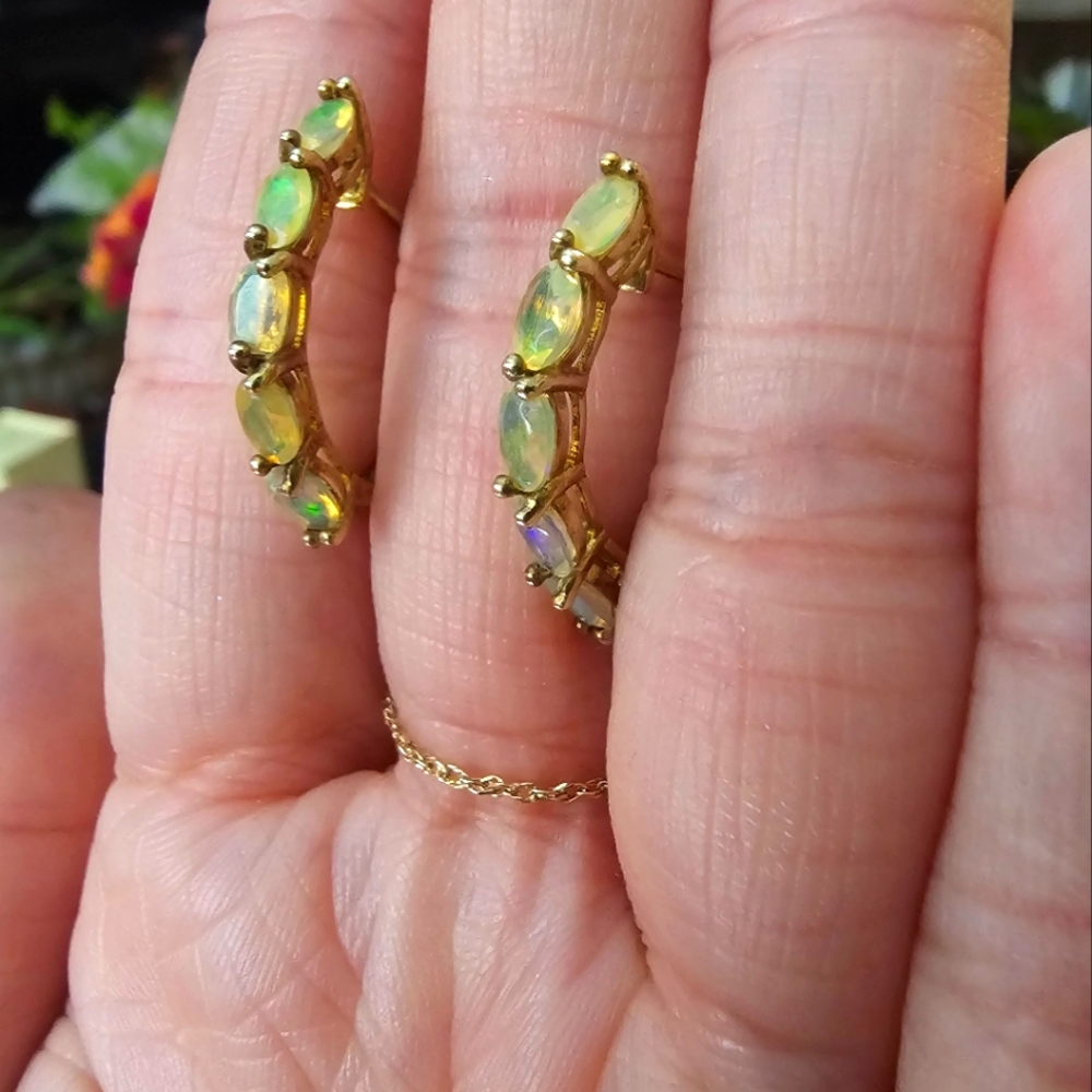 Vintage Gold Plated 925 Silver Natural Ethiopian Opal Hoops